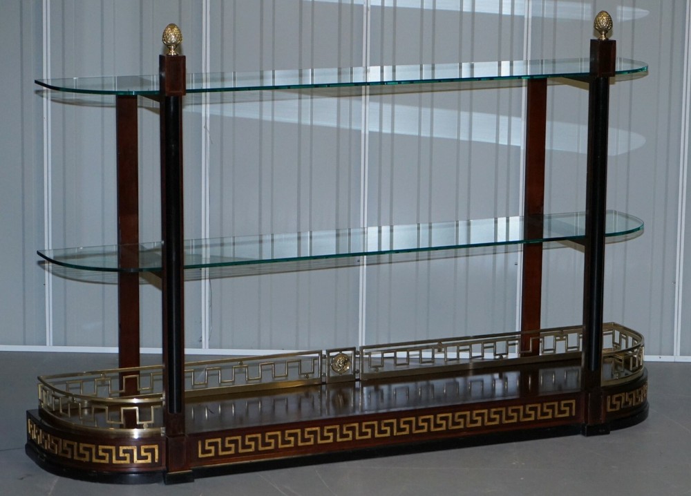 RARE CUSTOM MADE VERSACE MAHOGANY & BRASS CONSOLE BOOKCASE DISPLAY SIDEBOARD