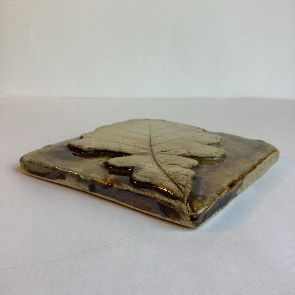 Studio Art Pottery Leaf Tile Raised Relief Signed Mondloch Rustic Glazed 5” Fall