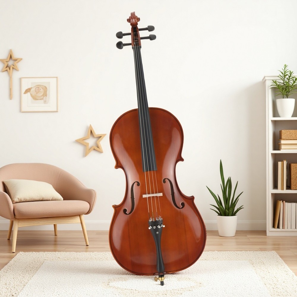 4/4 Full Size Solid Spruce Top Beginner Acoustic Cello Set - Bag Natural Bow
