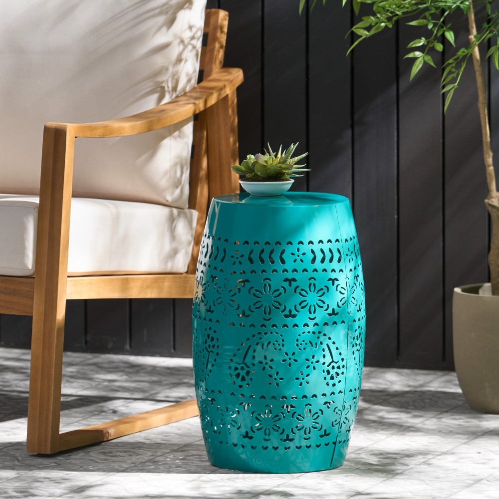 Home Ruby Outdoor 12" Iron Side Table, Teal