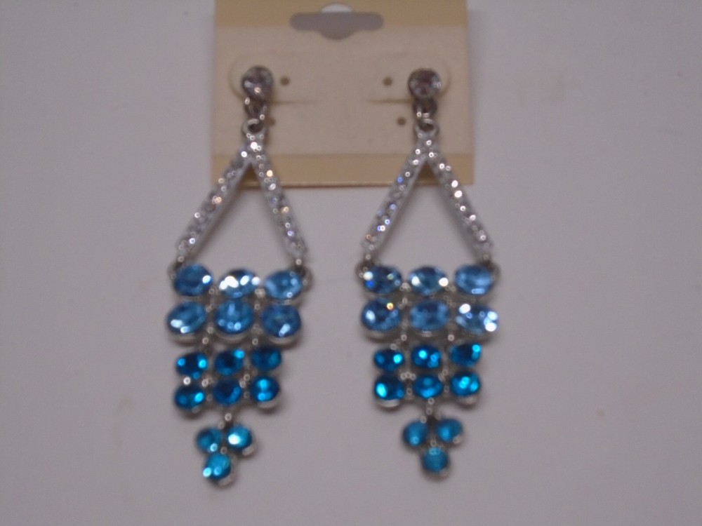 BLUE CRYSTAL CHANDELIER DANGLE SILVERTONE EARRINGS 2.75" Long