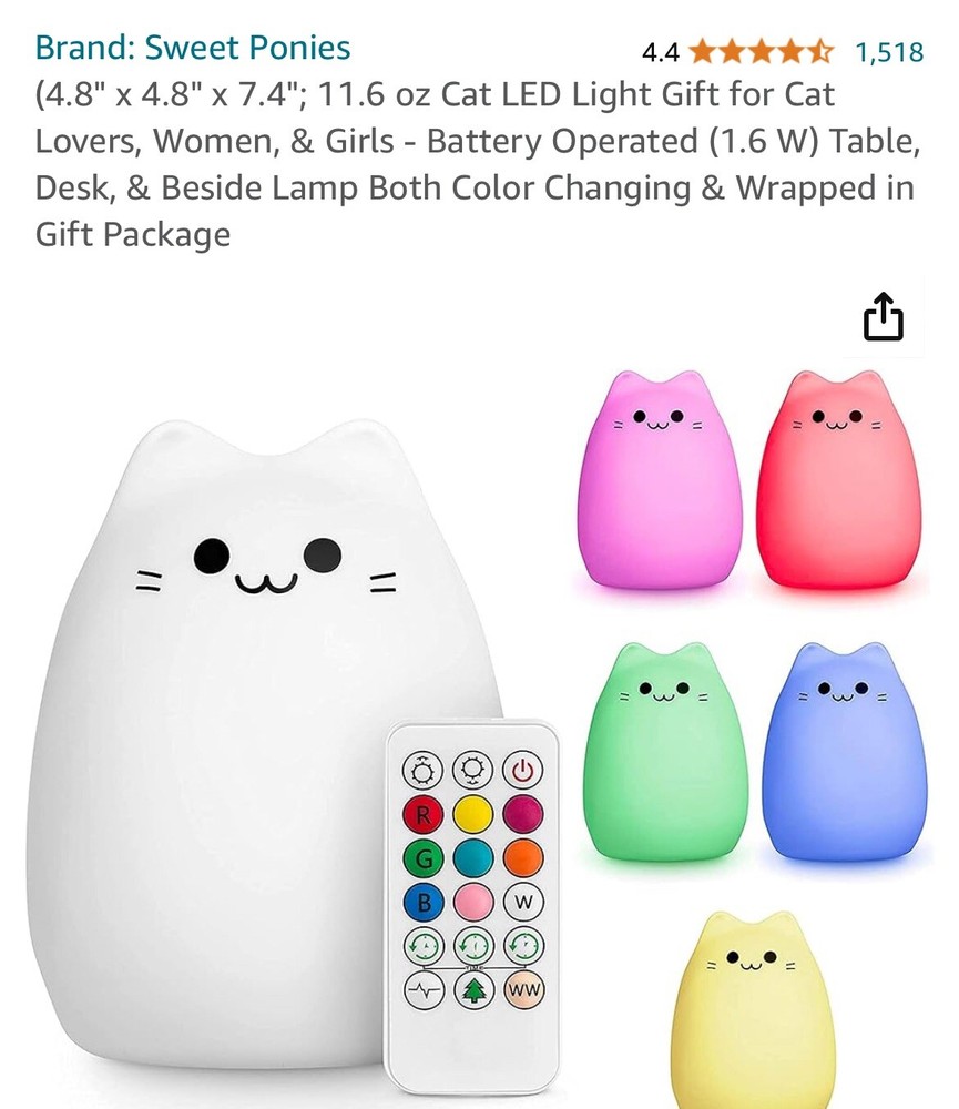 Cat Night Light Or Table Lamp Changes Color Remote Control By Sweet Ponies