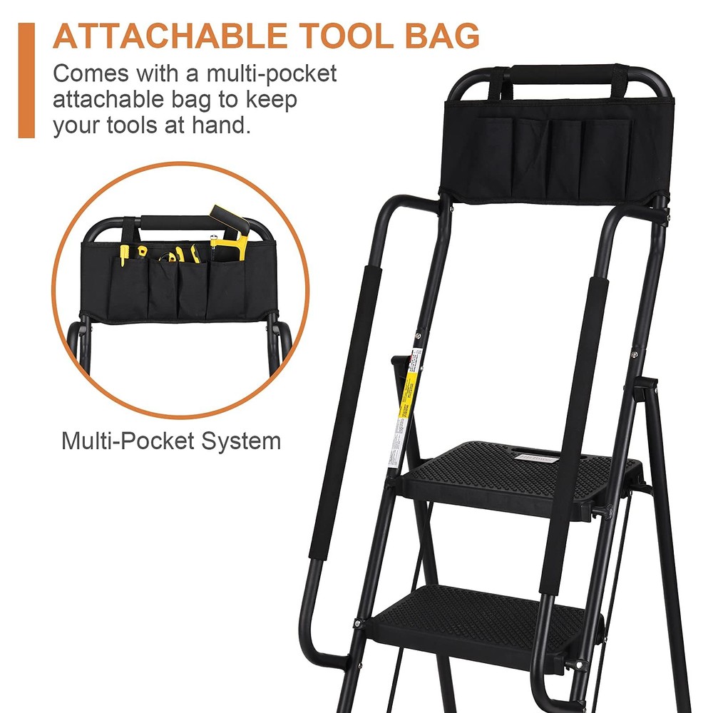 HBTower Step Ladder with Handrails, Folding Stool 4 Ladder, Black