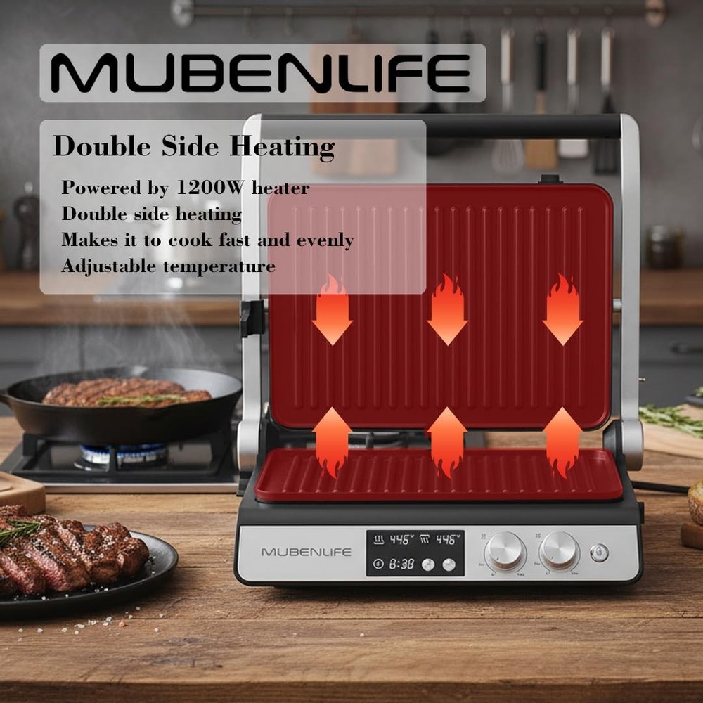 Panini Press 4 Slice Contact Grill Digital Timer Removable Plates 180Open Silver