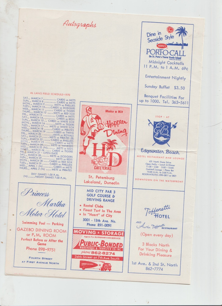 1970 spring training Scorecard cards vs white sox unscored
