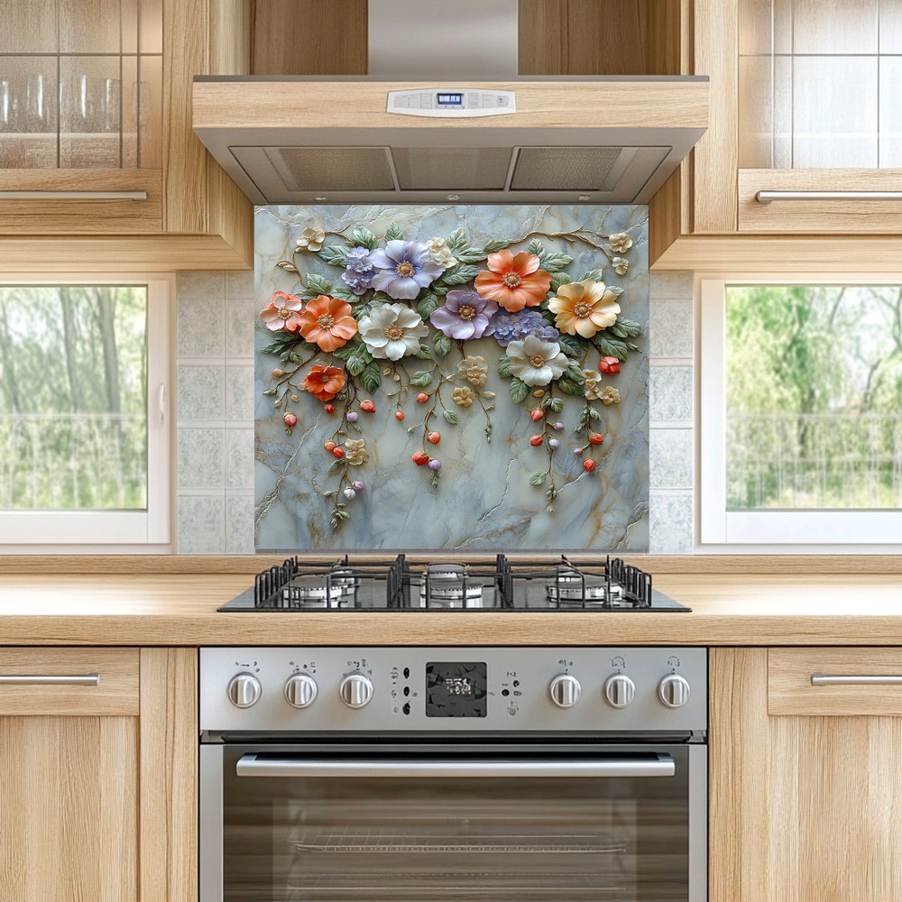 Floral Wall Print Backsplash, Tempered Glass Kitchen Backsplash