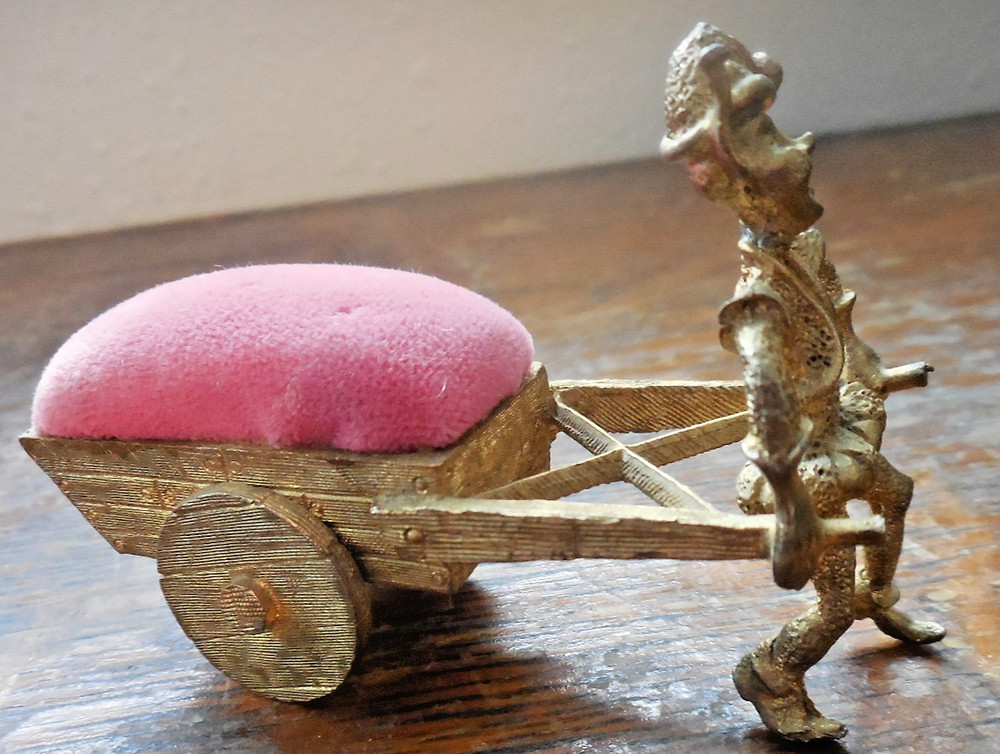 Vintage Pixie Elf Pulling Pin Cushion Cart SF Sam Fink