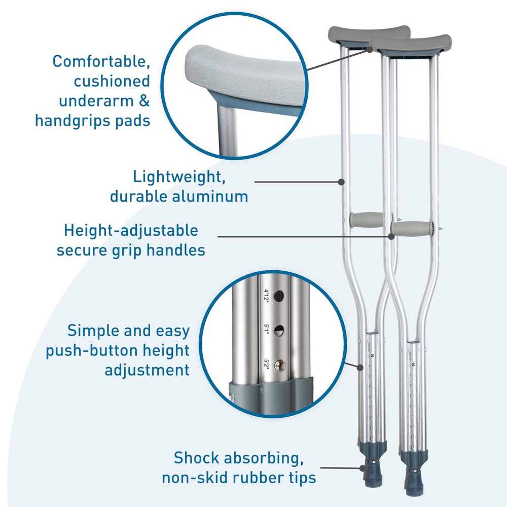 Aluminum Crutches, Medium (Pair) - Adjustable Height (5'2" - 5'10"), Lightwei...