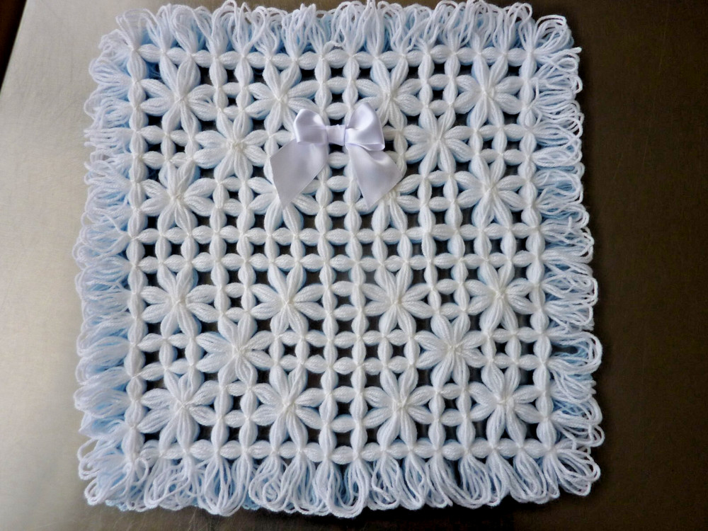 Baby Daisy Blanket Handmade, Pram Buggy, Blue/White with Ribbon Bow