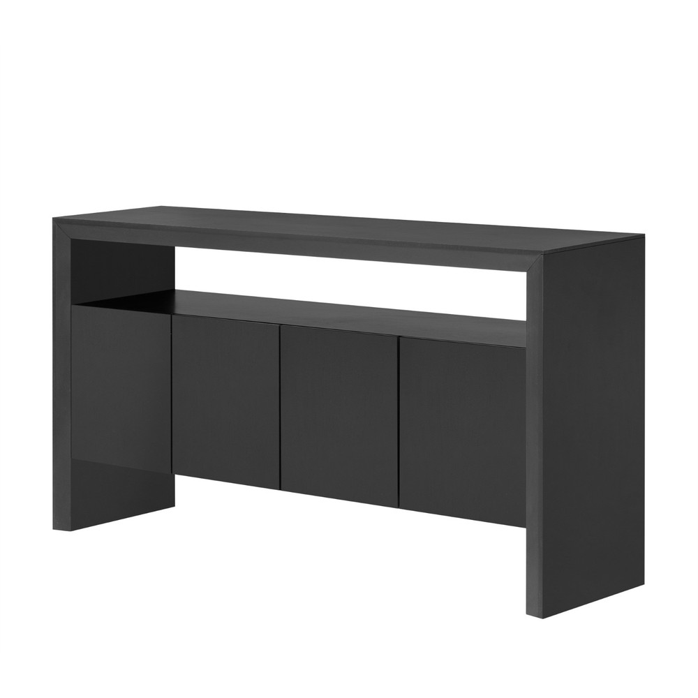 60" Modern Minimalist Solid Wood Veneer Sideboard (4 Doors+Open Shelf, Natural