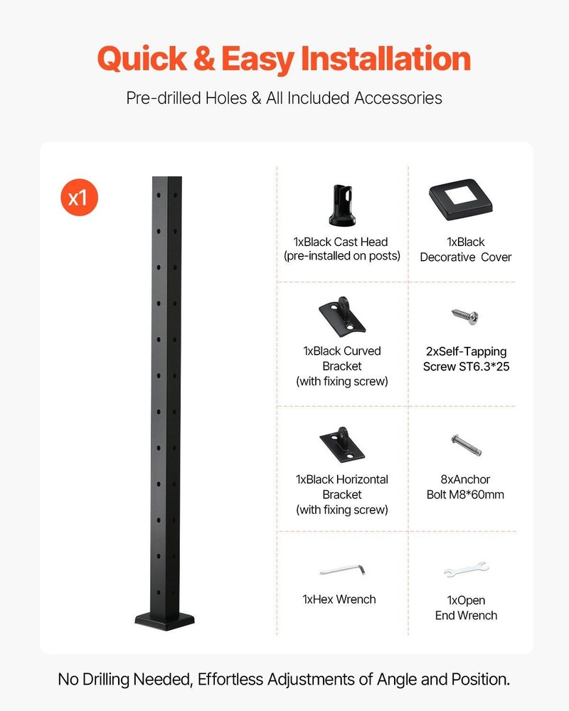 42in Black L-Style Corner Railing Post SUS304 Steel Cable System Ready