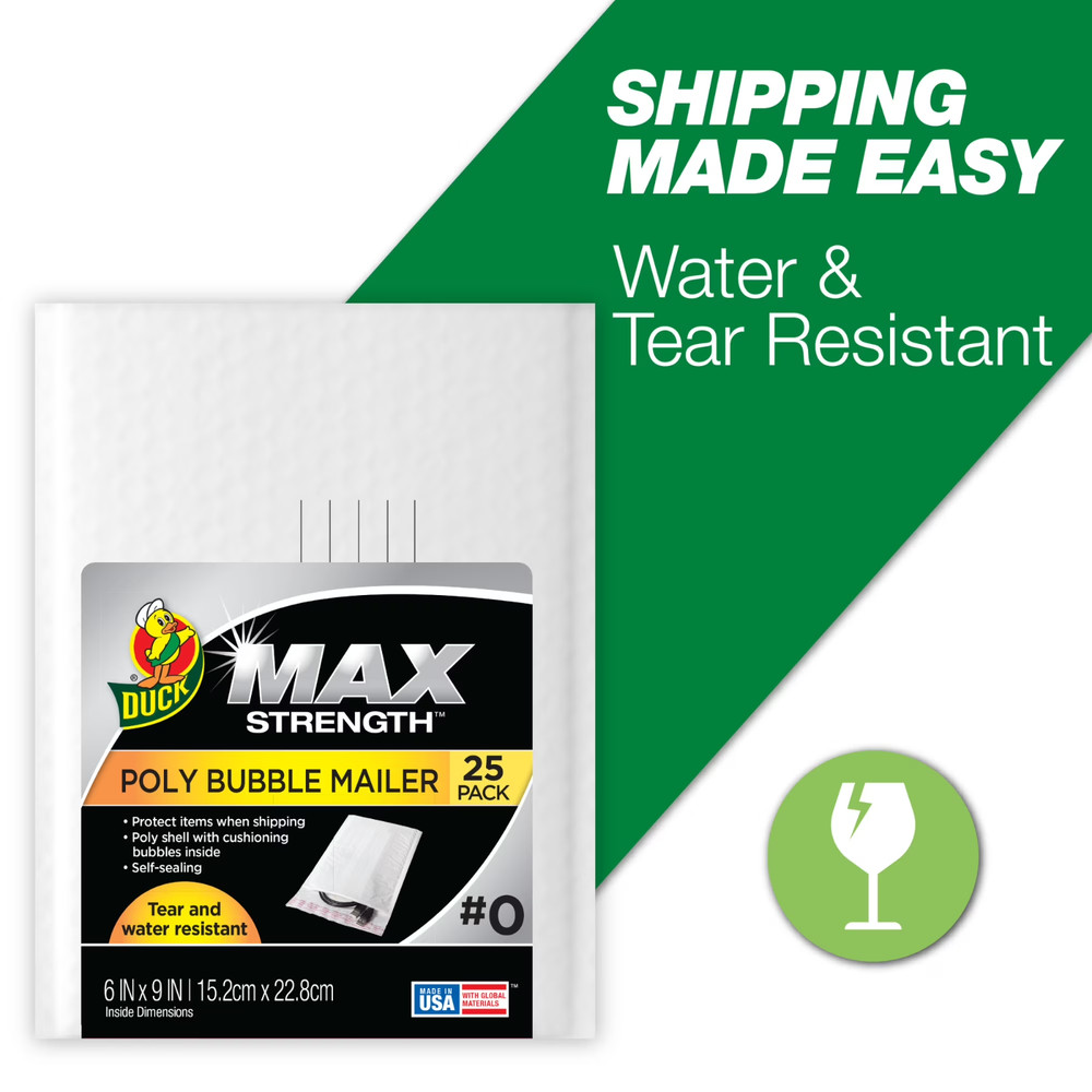 Duck Max Strength Self-Sealing Poly Bubble Mailer #0, 6" x 9", Solid White, 25 P