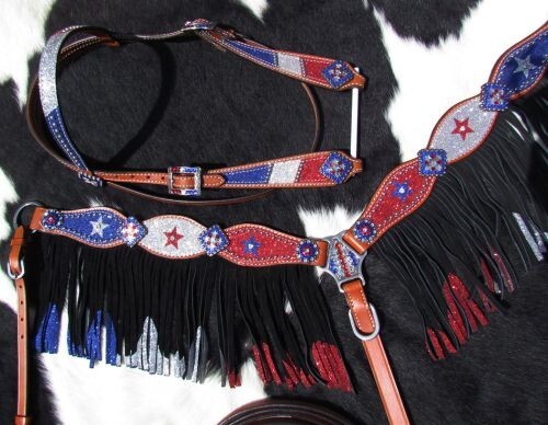 Showman Red, Silver, and Blue Glitter Headstall/BreastCollar Set