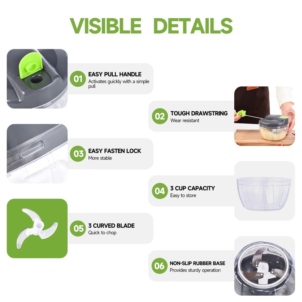 Ziweaye Manual Food Processor Vegetable Chopper, Portable Hand Pull String Ga...