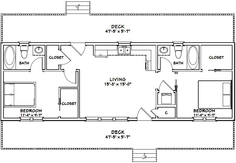 48x16 House - 2 Bedroom 2 Bath - 768 sqft - PDF Floor Plan - Model 2