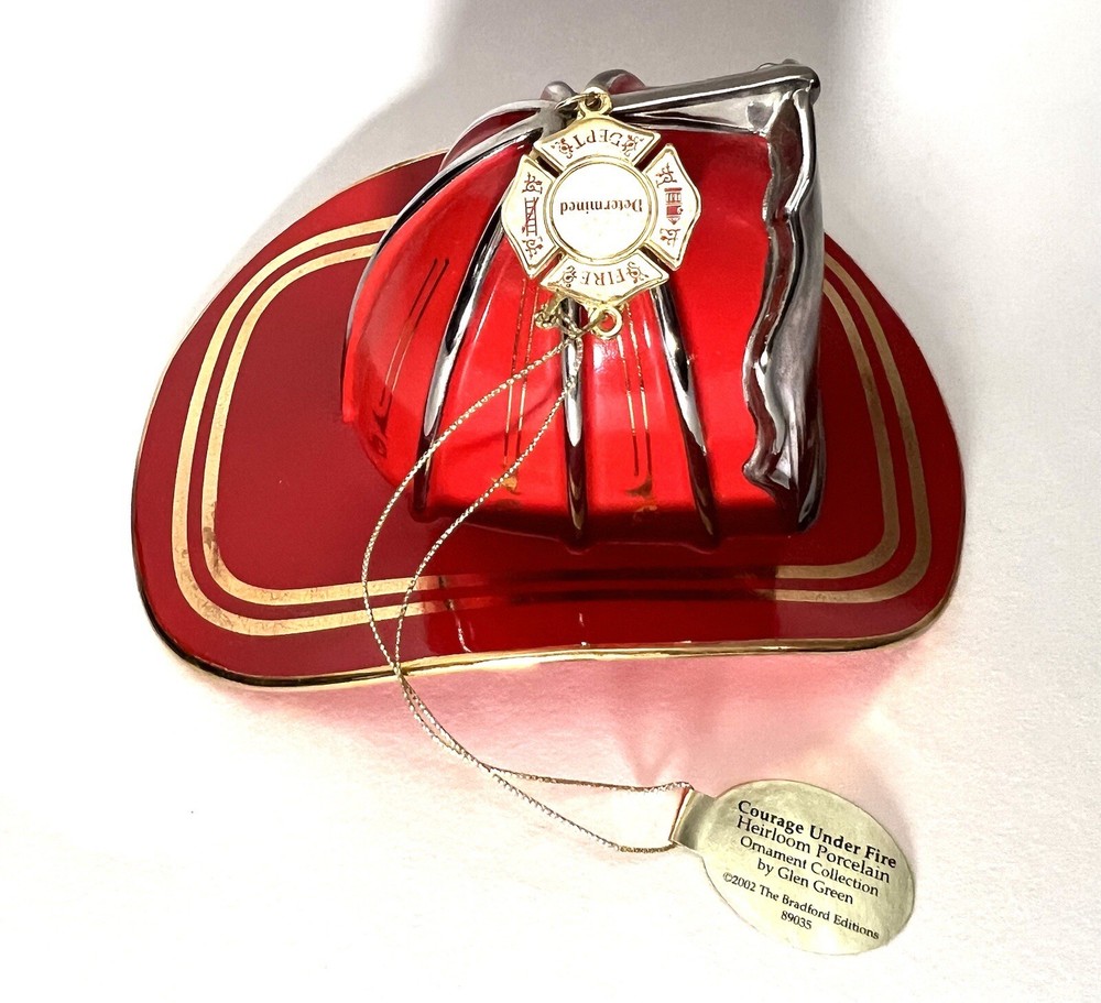 3 Red Bradford Exchange Courage Under Fire Fireman Helmet Ornaments 2002 EUC