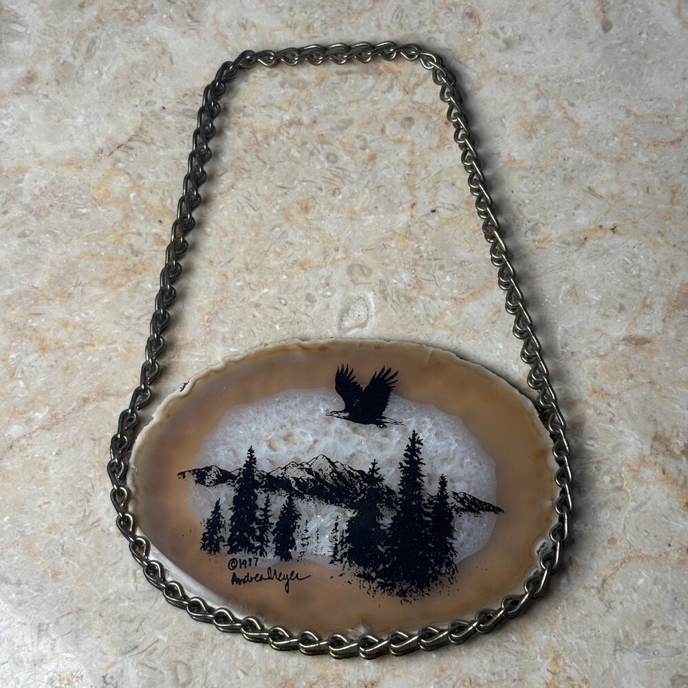 Andrea Meyer 1987 Geode Agate Slice Forest Eagle Scene Rock Art Hanging Painting