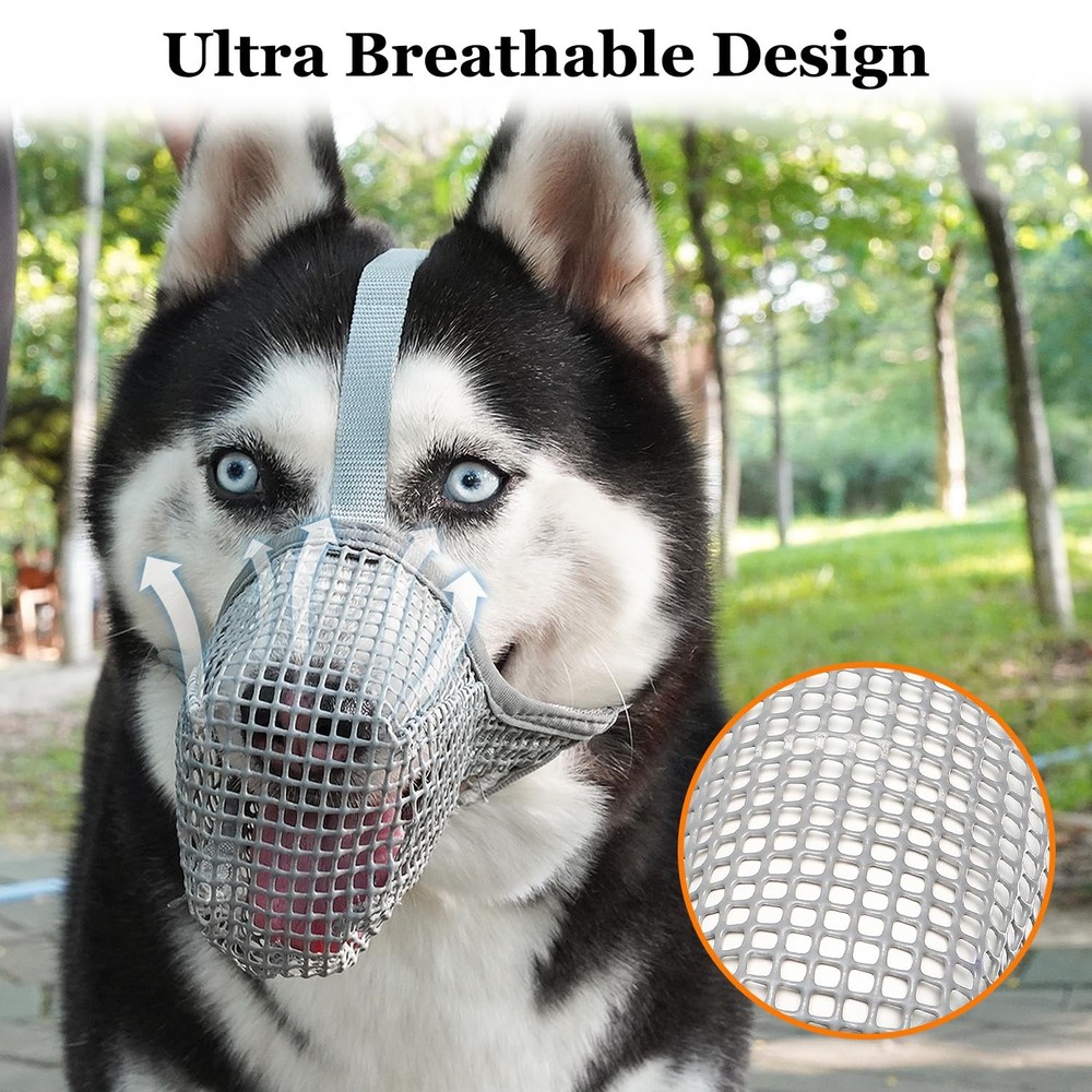 Medium Grey Soft Mesh Dog Muzzle for Biting Chewing Allows Panting Drinking