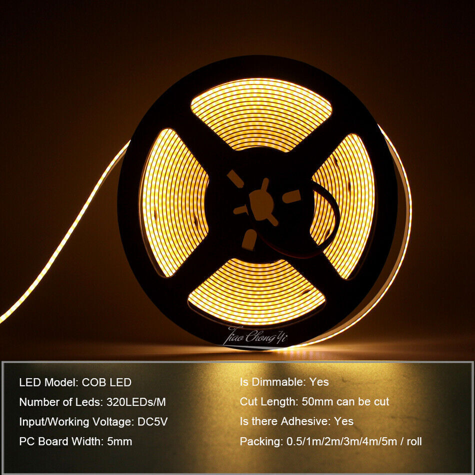 5V 5mm width COB LED light strip 320LED/m Battery box Powered Flexible light bar