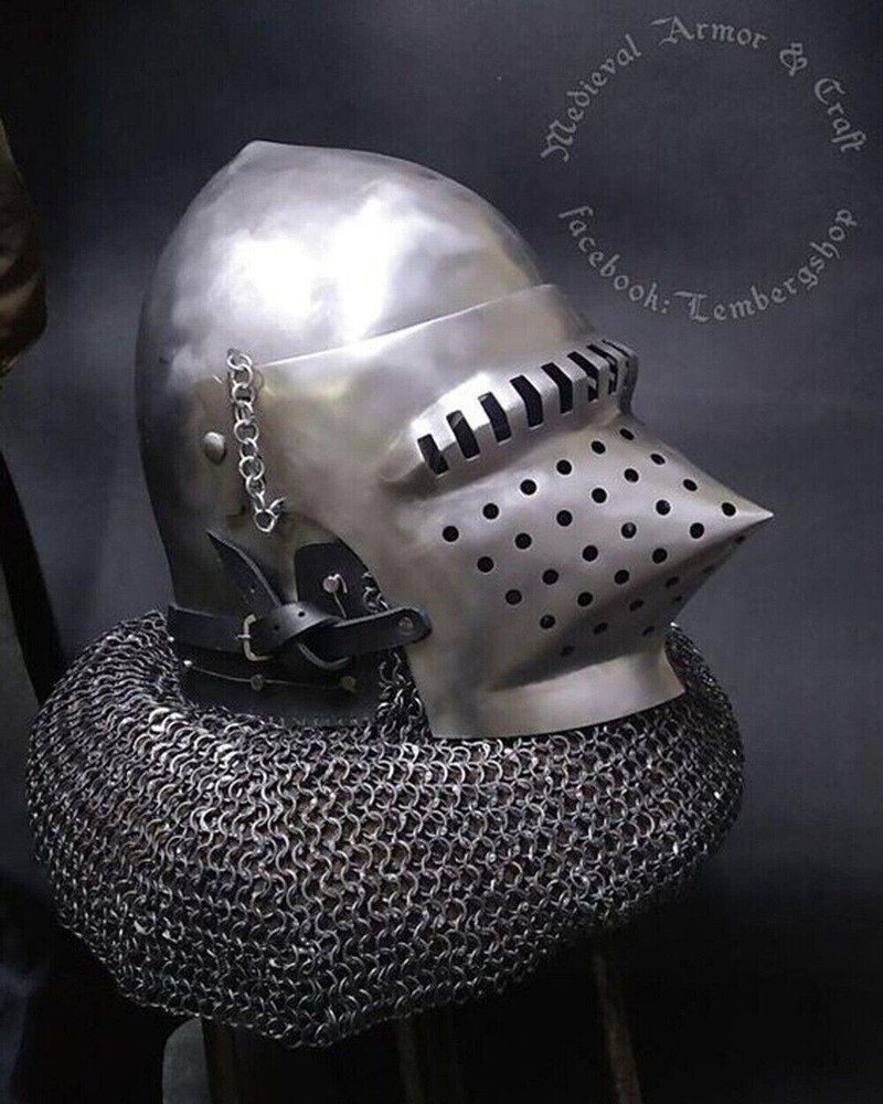 Medieval Bavarian Bascinet Helmet 16 Guage Steel Bascinet Hounskull Visor