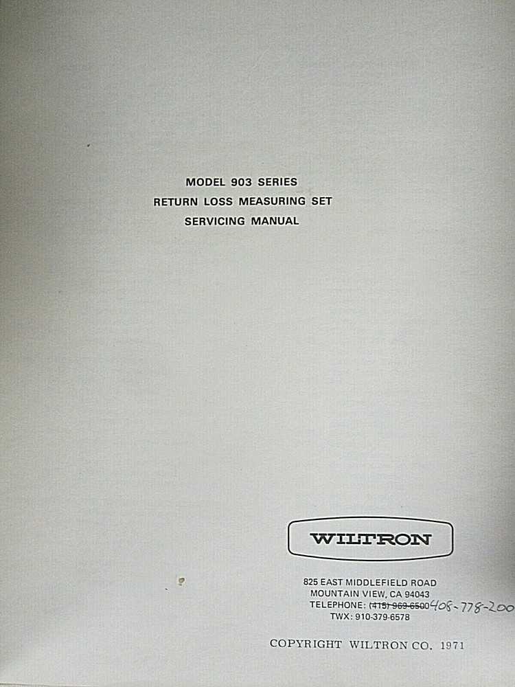 Wiltron Model 903 Series Return Loss Measuring Set Servicing Manual