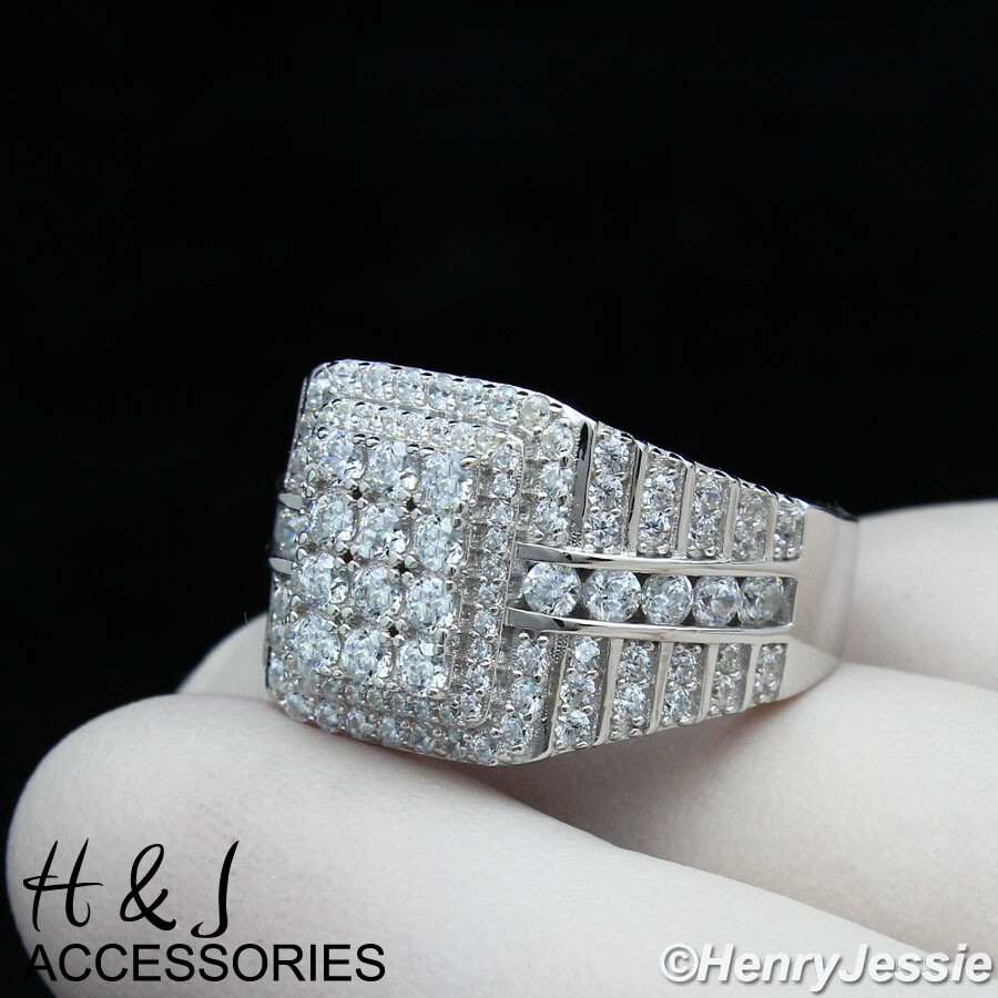 MEN 925 STERLING SILVER ICY BLING CZ SQUARE BLING RING*ASR153