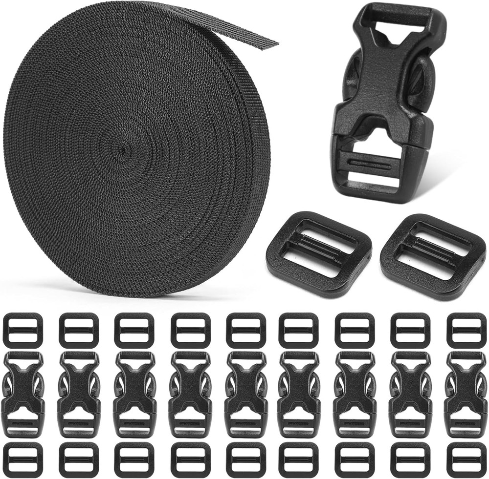 Buckle and Strap Set 3/8", 10 Yards Webbing Strap, 10-Pack Dual Adjustable Side