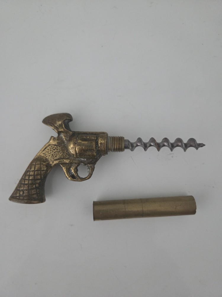 Vintage Figural Brass Pistol Corkscrew Bottle Opener with "Barrel" Sheathe