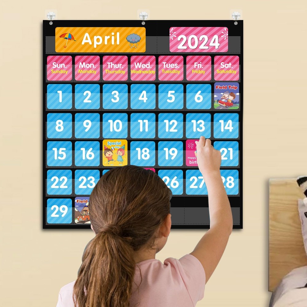Large 44 Pockets Calendar Pocket Chart for Classroom with 85 Cards, Size:25” ...