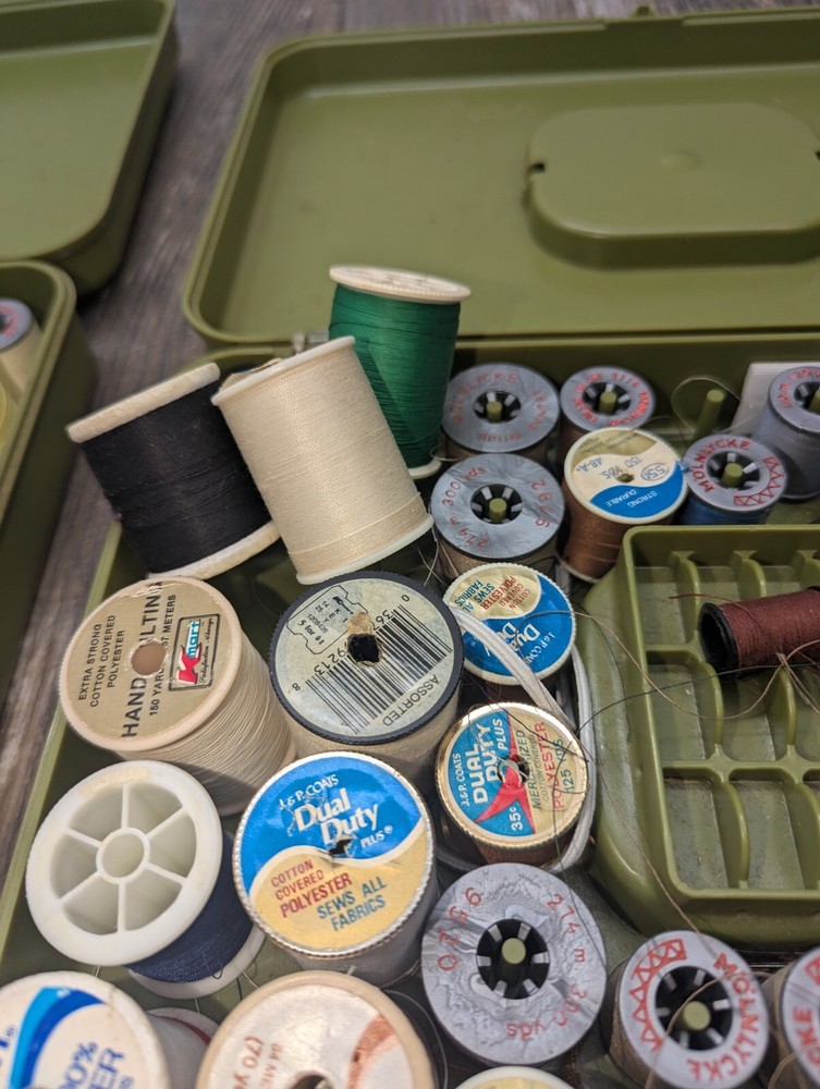 Vintage Green Plastic Sewing Boxes Pair With Many Various Spools Of Thread.