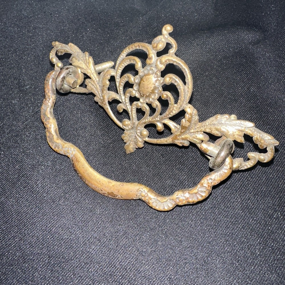 Antique Brass Drawer Pull Handle Beautiful Design & Details! For Bureau, Etc.