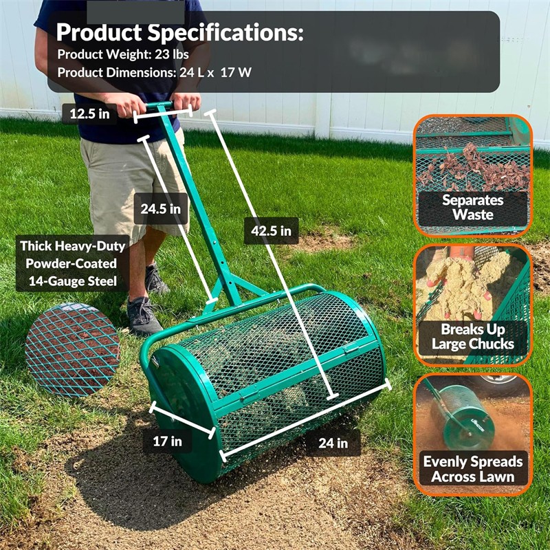 24'' Compost & Peat Moss Spreader Roller Top Dressing Lawn and Garden Spreader