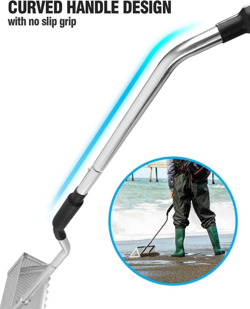 Sharp-Tipped 52” Sand Flea Rake: 16” Basket, Ergonomic Design & Non-Slip Grip