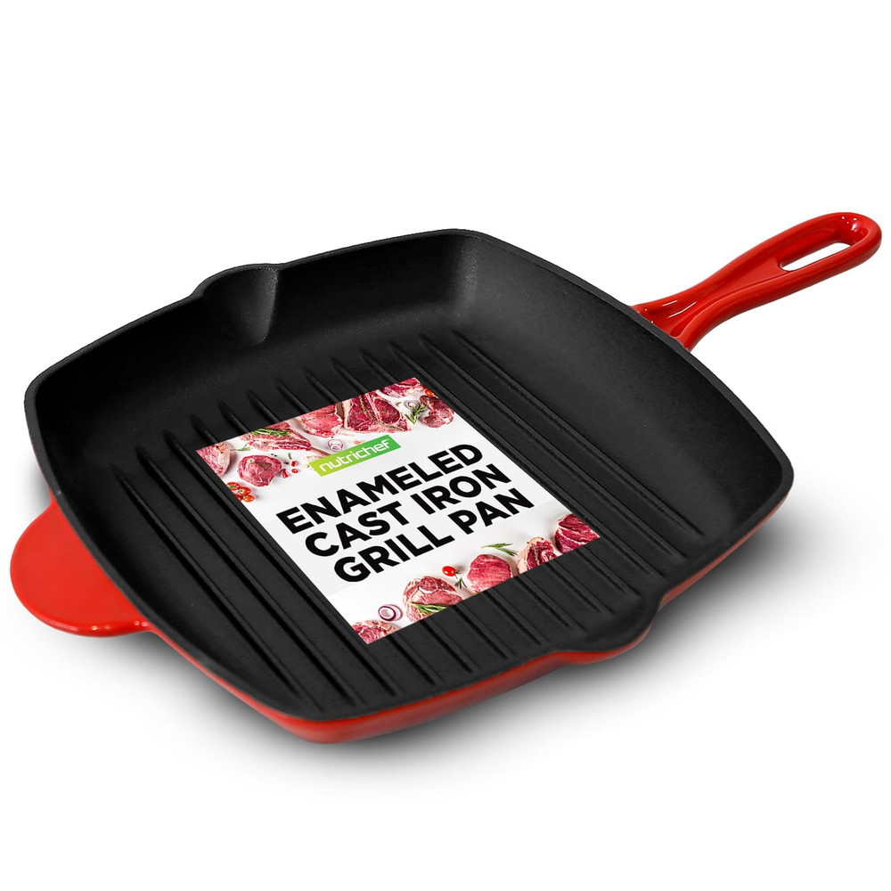 11" Enameled Cast Iron Steak Grill Pan - Square Skillet with Drip Spout, for All