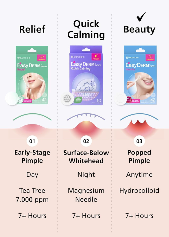 EasyDerm Beauty Patch(42 Counts) - 100% Hydrocolloid Pimple Patch for Zit Spo...