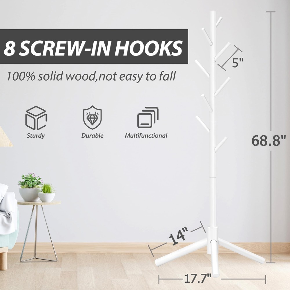 Durable Wooden Coat Rack Freestanding with Stable Triangular Base 8 Hooks &