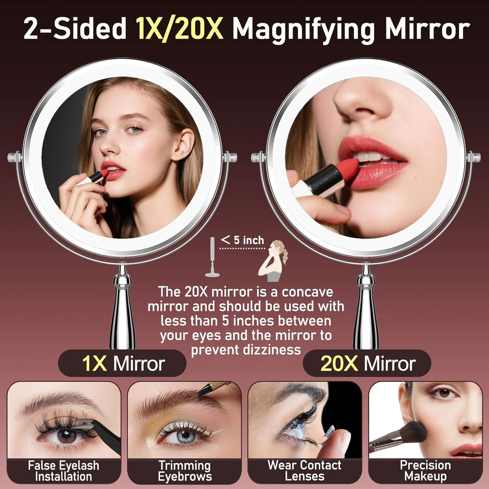 Makeup Mirror with Lights, 20X Magnifying Mirror with Light for Women, 5000 Mah
