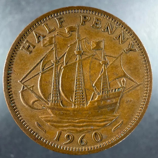 1960 Great Britain Half Penny Bronze Golden Hind Choice Example
