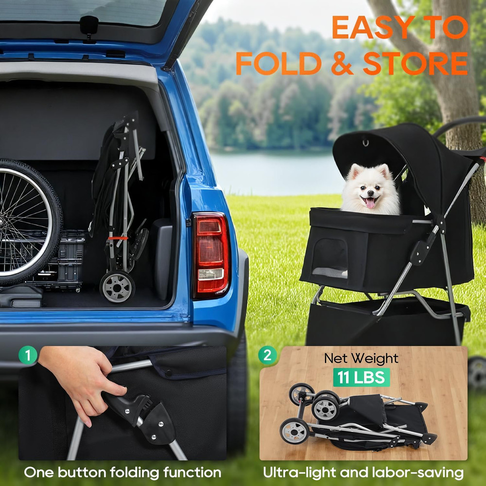 | 3-Wheel Pet Stroller | Dog and Cat Stroller | Breathable Mesh | Lightweight Tr