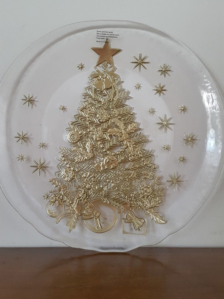 Clear Glass Gold Christmas Tree Platter 13.75" Holiday Elegant Classy Tannenbaum