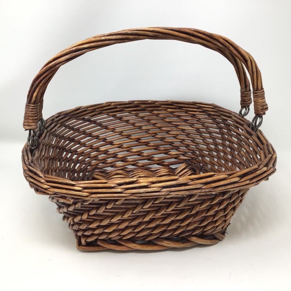 2 Handled Wicker Woven Basket BOHO Brown Square Base 12"