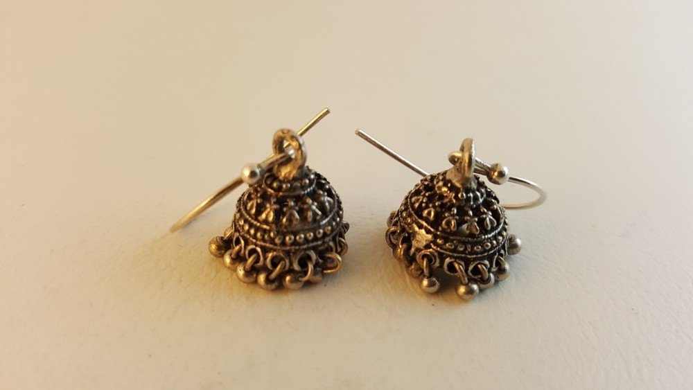 Sterling silver bell shaped earrings ornate filigree beaded ethnic