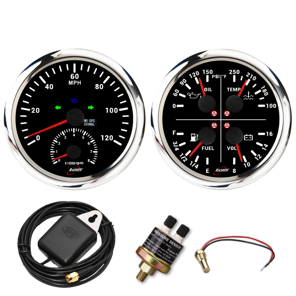 RACETECH 110mm 2 Gauge Set 2in1 GPS Speedometer 120 MPH 4in1 Multi Function