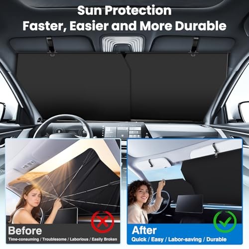 Storage-Free Windshield Sun Shade for Car - Adjustable Auto Retractable, UV &