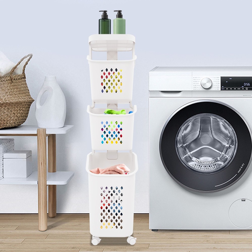PP Rolling Laundry Hamper 3-Tier Laundry Basket Cart Laundry Basket with Wheels