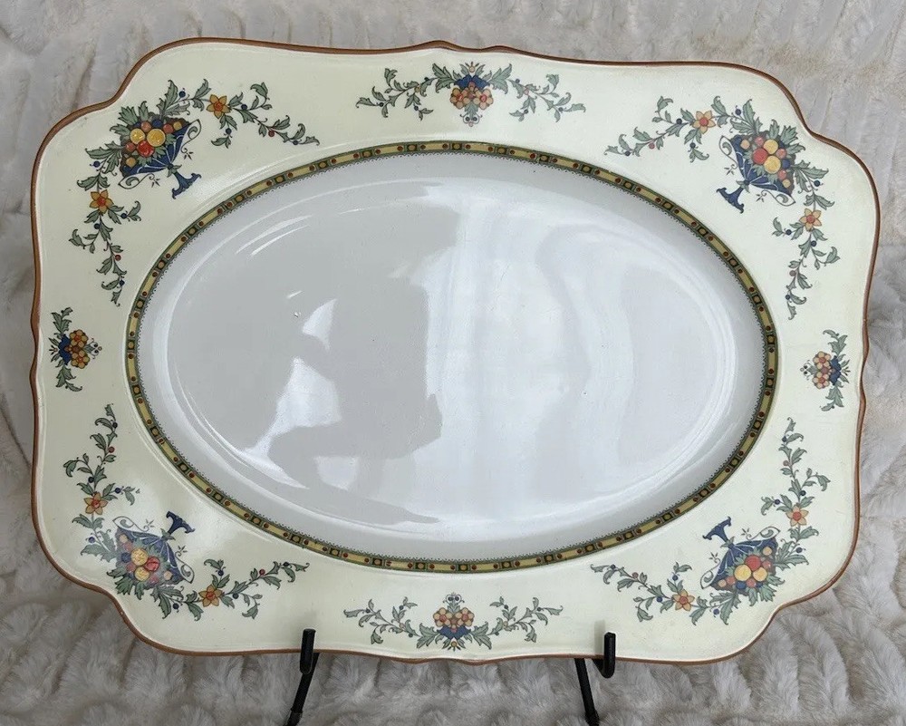 Crown Ducal Ware Serving Platter Blue Urn Fruit Floral Mustard 13 Inch
