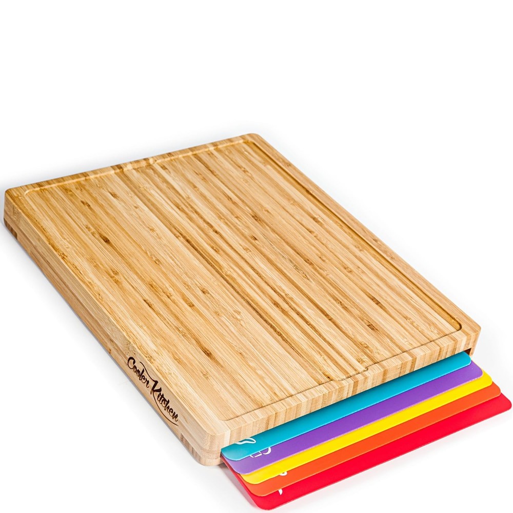 Best Cooler Kitchen Bamboo Cutting Board Set with 6 Color Coded Flexible Plastic