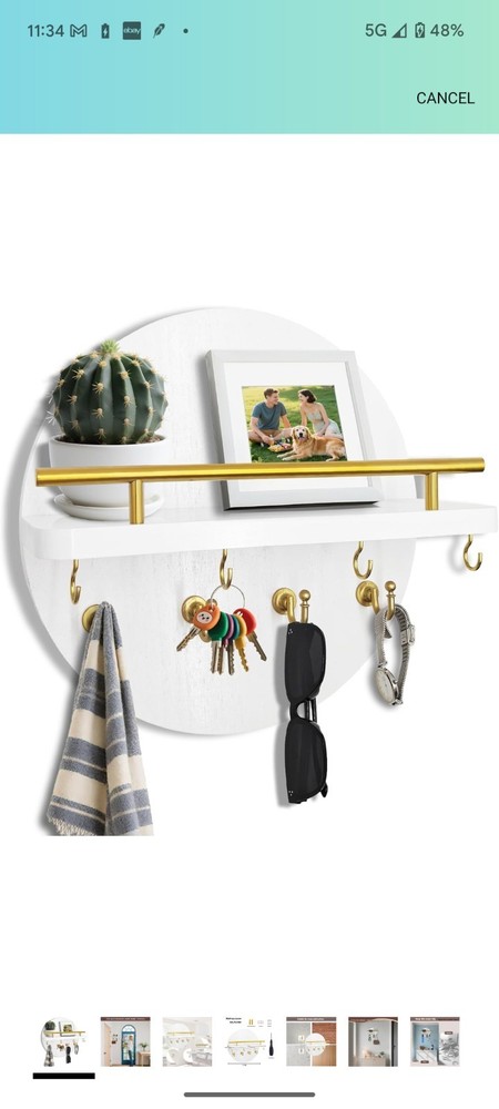 White Round Wall Key Holder Shelf with Gold Hooks & Mounting Hardware