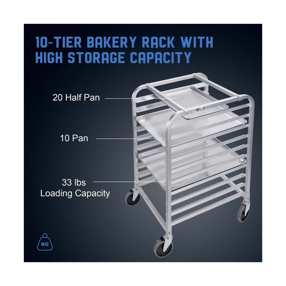 Bun Pan Bakery Rack 10 Tier with Wheels, Aluminum Racking Trolley Storage for...