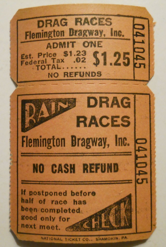 Flemington (New Jersey) Dragway - unused 1960's ticket